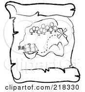 Royalty Free RF Clipart Illustration Of An Outlined Ship Near An Island On A Scroll Treasure Map