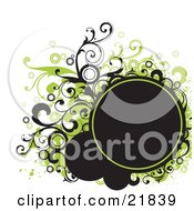 Poster, Art Print Of Blank Black Text Circle With Green And Black Circles Splatters And Vines On A White Background