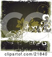 Clipart Picture Illustration Of A White Text Space With White And Green Flowers And Vines With A Grunge Texture Over Green