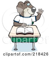 Royalty Free RF Clipart Illustration Of A Koala Student Raising His Hand At His School Desk
