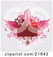 Blank Red Text Box With Red And Pink Flourishes Flowers And Wings Over A Gray Background