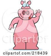 Royalty Free RF Clipart Illustration Of A Big Pink Pig Standing And Waving by Cory Thoman