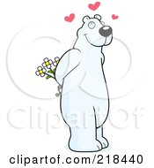 Infatuated Polar Bear Holding Flowers Behind His Back