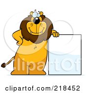 Big Lion Standing And Leaning Against A Blank Sign Board