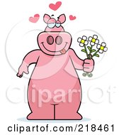 Poster, Art Print Of Romantic Pig Standing And Holding Flowers