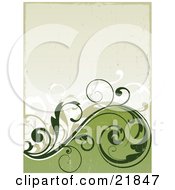 Clipart Picture Illustration Of Green And White Scrolling Vines Over A Dark And Light Green Background With Grunge Texture