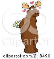 Poster, Art Print Of Infatuated Moose Holding Flowers Behind His Back