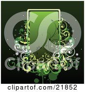 Clipart Picture Illustration Of A Gradient Green Box For Text Space With White Yellow And Black Flowers Splatters And Vines Over A Black Background