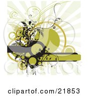 Poster, Art Print Of Blank Green Text Banner With Black And Green Circles Splatters And Vines Over A Bursting Green And White Background