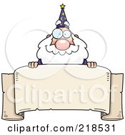 Poster, Art Print Of Plump Old Wizard Looking Over A Blank Banner