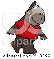 Ape Wearing A Red Shirt And Walking Upright