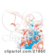 Poster, Art Print Of White Background With Gray And Blue Splatters And Orange Vines And Circles