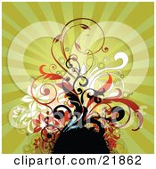 Clipart Picture Illustration Of Black Orange And White Vines Flowers And Circles Over A Green Bursting Background