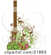 Poster, Art Print Of Green And Pink Circles With Brown Vines Growing At The Bottom Of A Vertical Brown Bar On A White Background