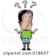 Royalty Free RF Clipart Illustration Of A Confused Black Boy Shrugging Under Question Marks