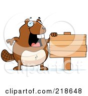 Poster, Art Print Of Happy Beaver Standing Upright By A Wood Sign