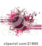 Poster, Art Print Of Deep Red Circle Text Space With Red Brown Green And Pink Splatters And Vines Over A White Background