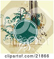 Clipart Picture Illustration Of A Green Circle Text Space With Brown And White Circles Vines And Lines Over A Tan Background