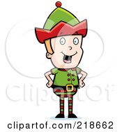 Poster, Art Print Of Happy Blond Christmas Elf Boy Standing With His Hands On His Hips