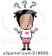 Royalty Free RF Clipart Illustration Of A Confused Black Girl Shrugging Under Question Marks