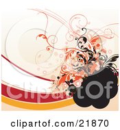 Poster, Art Print Of Orange Black And White Circles And Vines Attacked To A Black Area Over Red White And Orange Waves On A Tan Background