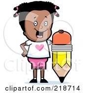 Royalty Free RF Clipart Illustration Of A Happy Black Girl With A Big Pencil by Cory Thoman