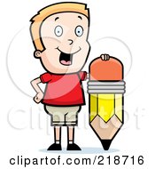 Poster, Art Print Of Happy Blond Boy Standing By A Pencil