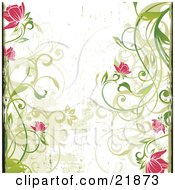 Clipart Picture Illustration Of Green Curly Flowering Plants With Pink Blooms Over A White Grunge Background