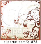 Clipart Picture Illustration Of A Grunge Background Of Blooming Orange Floral Vines Bordering White And Green