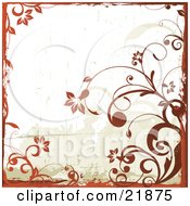 Poster, Art Print Of Grunge Background Of Blooming Orange Floral Vines Bordering White And Green