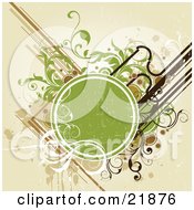 Poster, Art Print Of Worn Circle Text Space With White Green And Brown Vines Scrolls Splatters And Circles Over A Tan Background