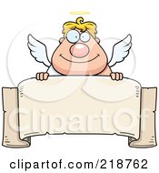 Poster, Art Print Of Blond Male Angel Looking Over A Blank Banner