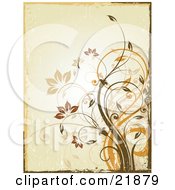 Poster, Art Print Of Tan Background Of Brown And Orange Vines With Flowers And A Worn Texture