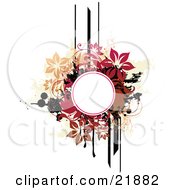 Poster, Art Print Of White Circle Text Space With Brown Tan Pink And Black Lines Splatters And Flowers On A White Background