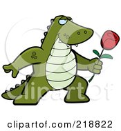 Poster, Art Print Of Romantic Alligator Presenting A Red Rose For His Love