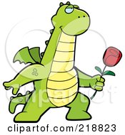 Royalty Free RF Clipart Illustration Of A Romantic Dragon Presenting A Red Rose For His Love