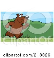 Royalty Free RF Clipart Illustration Of A Bear Running Upright Through A Grassy Landscape