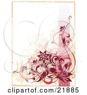 Clipart Picture Illustration Of A Red Curly Vine With Flowers Over A Pink Line And Grunge Background With A Tan Border