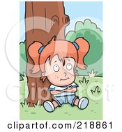 Royalty Free RF Clipart Illustration Of A Red Haired Girl Sitting Against A Tree With Her Arms Crossed