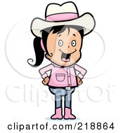 Poster, Art Print Of Happy Black Haired Cowgirl With Her Hands On Her Hips