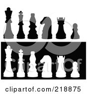 Royalty Free RF Clipart Illustration Of A Line Up Of Chess Pieces In Black And White Silhouette