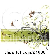 Clipart Picture Illustration Of Brown Flowering Green And Black Vines With Grunge Paint Splatters Over A Horizontal Green Band On A White Background