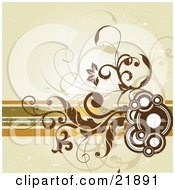 Poster, Art Print Of Brown Circles Vines And Flowers Over Lines On A Green Background