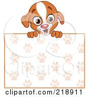 Poster, Art Print Of Cute Puppy Looking Over A Blank Paw Print Sign