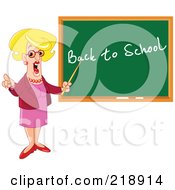 Poster, Art Print Of Blond Female Teacher Pointing At Back To School On A Chalk Board