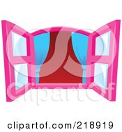Poster, Art Print Of Pink Open Windows With Blue Curtains