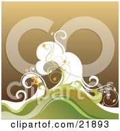 Poster, Art Print Of Orange Flowers On Green Vines And White Brown And Green Waves Over Brown