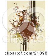 Poster, Art Print Of Grungy Brown Circle Text Space With Green Orange And Brown Lines Circles And Splatters On A Tan Background