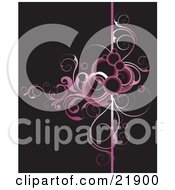 Black Background With Purple And Pink Circles And Vines Over A Vertical Line
