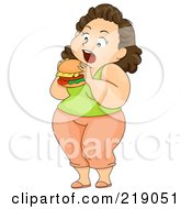 Chubby Woman Standing And Eating A Hamburger